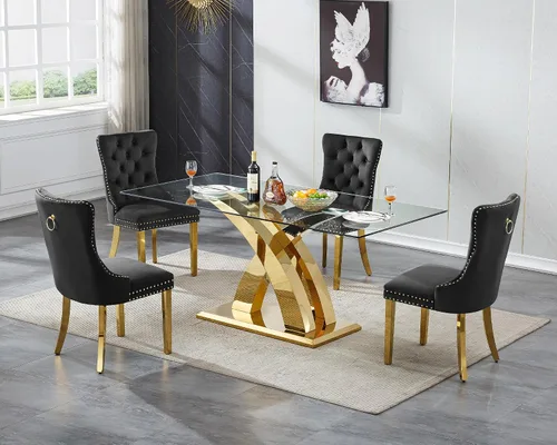 Vista 23 de Juego de mesa de comedor de cristal plateado moderno de 70 pulgadas para 4, juego de mesa de comedor rectangular de 5 piezas con patas de acero