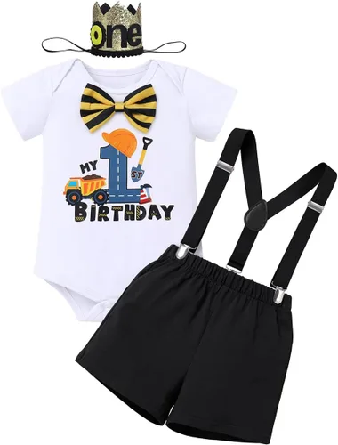 Vista 7 de IMEKIS Conjunto de ropa para bebé niño con estampado de pastel de 1er cumpleaños con corbatín + tirantes + pantalones cortos + corona de baloncesto