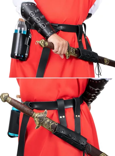 Vista 2 de Cinturón de cuero de caballero medieval para hombre, chal renacentista, capa de medio hombro, bufanda, brazaletes con hebilla, accesorios retro