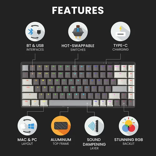 Vista 7 de Azio Cascade - Teclado mecánico, RGB retroiluminado, interruptores y teclas de intercambio en caliente, conexión inalámbrica USB-C o Bluetooth