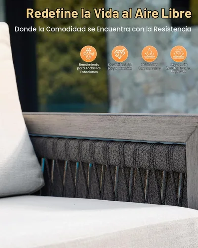 Vista 4 de Sofá de 3 asientos para exteriores, sofás de aluminio para patio con cojines gruesos, nunca se oxidan con tejido de cuerda de 3 plazas, sofá