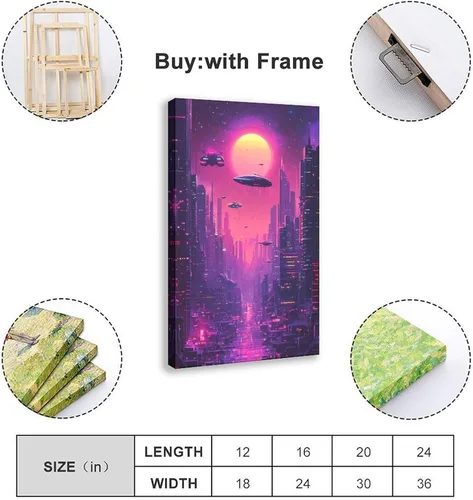 Vista 2 de XAHOR Impresión de ciudad de neón estilo años 80 – Arte de pared retro futurismo para oficina, estudio, dormitorio, lienzo decorativo para pared