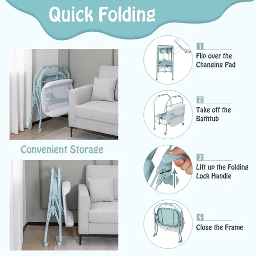 Vista 5 de BABY JOY Bañera para bebé con cambiador, estación plegable para cambiar pañales con bandeja de almacenamiento, almohadilla impermeable, organizador