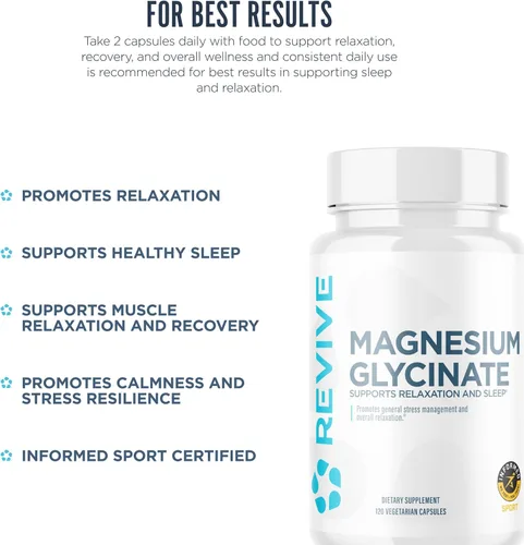 Vista 5 de Revive MD Glicinato de magnesio puro 200mg – Suplemento de alta absorción para relajación, alivio del estrés, sueño y apoyo de la memoria – Promueve