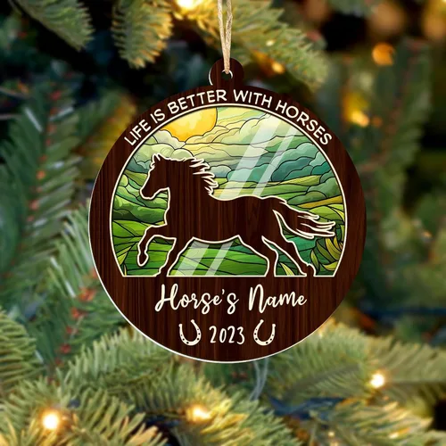 Vista 5 de Artsy Woodsy Adornos de madera para árbol de Navidad, regalos únicos para amantes de los caballos, accesorios para espejo trasero vintage de vaquero