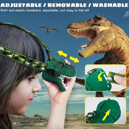 Vista 4 de Dysaim Linterna Frontal para Niños, Linterna Frontal de Dinosaurio T-Rex Recargable para Niños y Lámpara LED de Cabeza, Linterna de Equipo