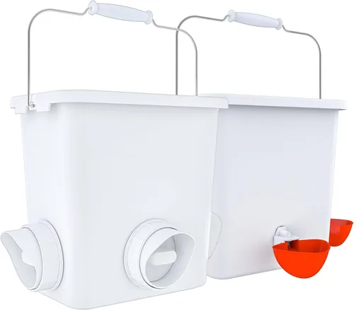 Vista 9 de Alimentador de pollo automático grande y Waterer Set Colgando Pollo Alimentador de agua de aves de corral Cubo de alimentación