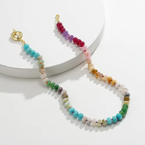 Vista 6 de KissYan - Collar de piedras preciosas para mujer, gargantilla de cuentas bohemias coloridas con piedras naturales, perlas de agua dulce, chapado