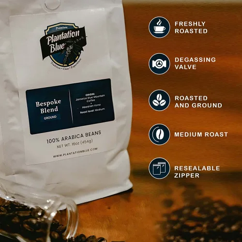 Vista 2 de Plantation Blue - Mezcla a medida de granos enteros de café Blue Mountain y Hawaiian Kona (1 libra)