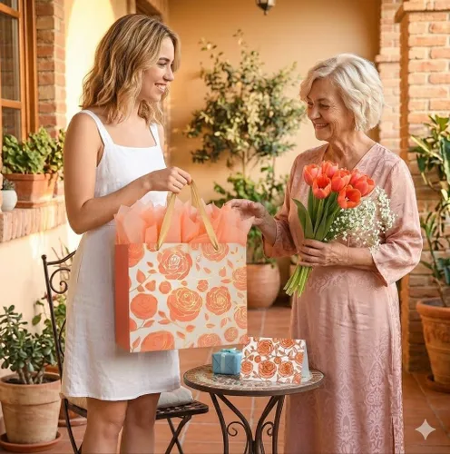 Vista 3 de DecorWoo Bolsa de regalo grande de oro rosa de 13 pulgadas, bolsa de regalo floral con papel de seda y tarjeta de felicitación, elegantes bolsas