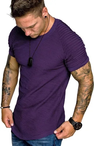 Vista 10 de COOFANDY Camiseta Muscular para Hombre de Manga Raglán Plisada Camiseta de Culturismo para Gimnasio Manga Corta Camisas de Entrenamiento de Moda