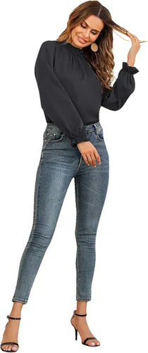 Vista 5 de LYANER Blusa de manga larga con volantes y cuello alto falso para mujer