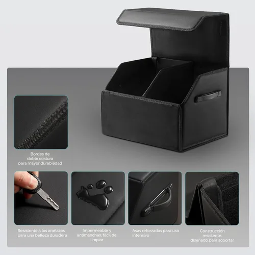 Vista 5 de Fyzeoty Organizadores de coche para maletero para SUV Sedán, caja de almacenamiento de cuero, tapa magnética, plegable y ajustable, 16.5 pulgadas