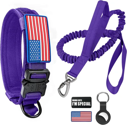 Vista 25 de Collar táctico para perro y correa elástica, juego de collar y correa militar para perro con bandera estadounidense de Estados Unidos, collar K9