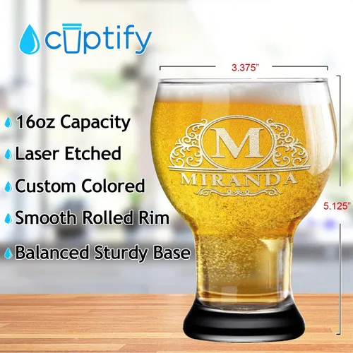 Vista 2 de Vaso de cerveza personalizado con nombre de círculo elaborado de 16 onzas, parte inferior negra, grabado maestro selecto, con texto personalizado