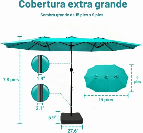 Vista 5 de Sombrilla de doble cara para patio de 15 x 9 pies con base y manivela, sombrilla rectangular extragrande para patio, césped y jardín, beige