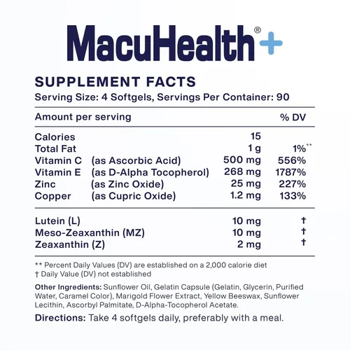Vista 2 de Macuhealth Plus+ Suplemento de vitaminas para los ojos para adultos, suministro para 90 días con luteína, zeaxantina y meso-zeaxantina, sin sabor