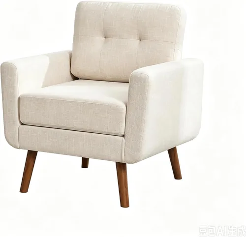 Vista 8 de Linen Fabric Single Sofa, Accent Chair, Mid Century Modern Armchair for Living Room, Bedroom Button Tufted Upholstered Comfy Reading Sofas, Beige