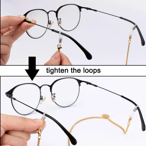 Vista 4 de Whaline 3 piezas de cadena para lentes de sol para el cuello con 6 conectores de extremos de goma ajustables (plata dorada y negro)