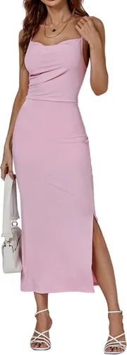 Vista 4 de LYANER Vestido midi de fiesta con tirantes delgados y abertura dividida sin mangas, cuello en V y cremallera