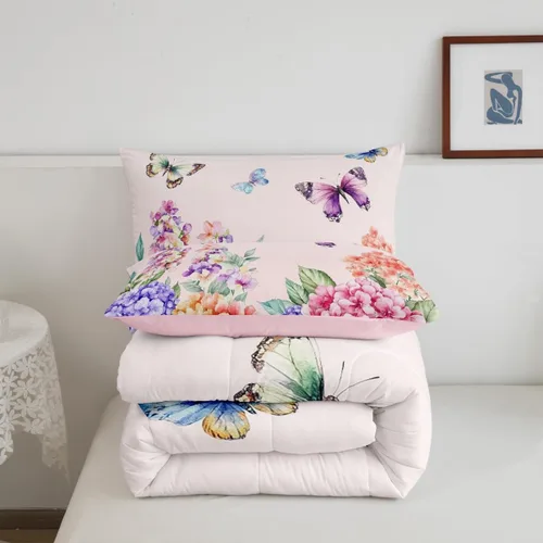 Vista 6 de Juego de edredón de mariposa morada tamaño individual para niñas y niños, ropa de cama rosa degradado, relleno de edredón de mariposa de ensueño