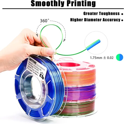 Vista 4 de Filamento para Impresora 3D PLA, Filamento PLA Arcoíris 1.75mm +/-0.02mm, Filamento PLA de Seda de Doble Color, Paquete de Filamento 3D Coextruido 2