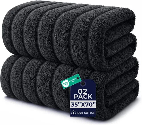 Vista 15 de DAN RIVER Paquete de 2 toallas de baño de 35 x 70 pulgadas, toallas de baño negras acanaladas de gran tamaño, esponjosas y gruesas, toallas de baño