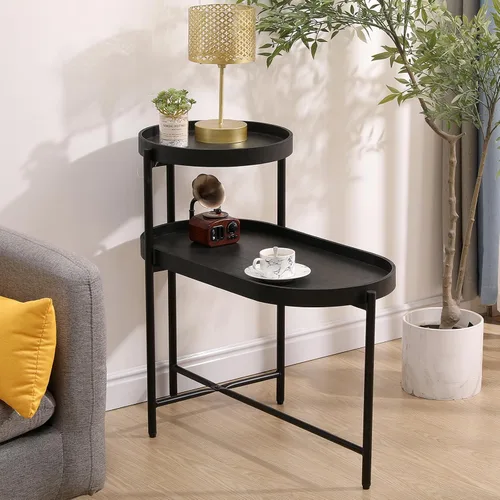 Vista 6 de Mesa auxiliar redonda de 2 niveles con extremo de café irregular, mesa pequeña con marco de metal para sala de estar, dormitorio (negro)