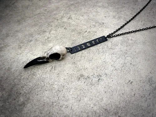 Vista 4 de Lariat Moon Phase Bar Raven Skull Necklace - Vertical Bar Lunar Charm
