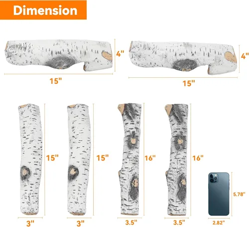 Vista 8 de Skyflame - 6 troncos de madera de abedul blanco de cerámica para chimenea Juego de troncos de chimenea de gas, inserciones de gas