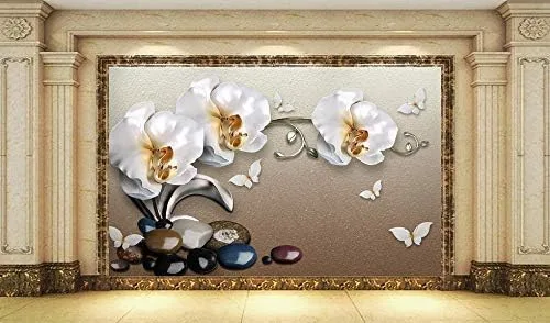 Vista 3 de Murwall 3D Floral Wallpaper White Orchid Wall Mural 3D Pebble Wall Print White Butterfly Wall Art Classical Home Decor