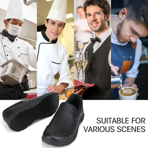 Vista 2 de Jacata Zapatos de trabajo negros antideslizantes para hombre, servicio de alimentos, zapatos de cuero resistentes al agua y antideslizantes sin