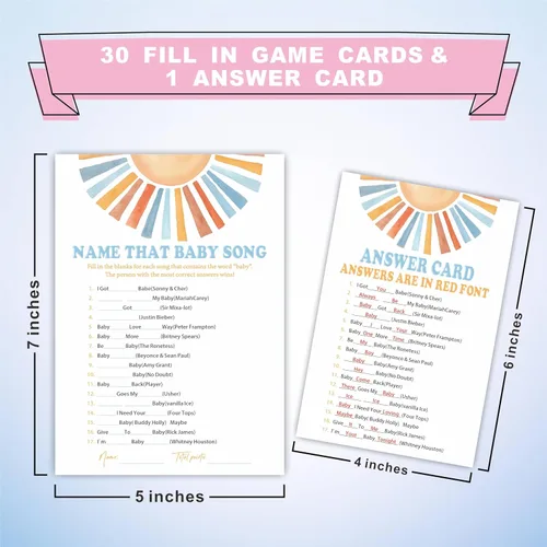 Vista 2 de Name That Baby Song Baby Shower Juego Kit – Acuarela Retro Sun – 30 tarjetas de juego de relleno de doble cara para baby shower, revelación