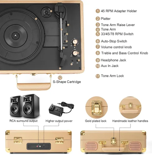 Vista 11 de Tocadiscos Bluetooth, tocadiscos portátil de 3 velocidades, dorado