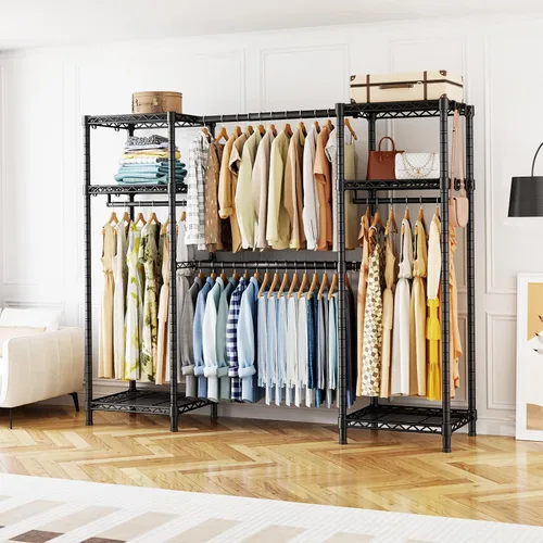 Vista 6 de Ulif E7 - Perchero para ropa, sistema de almacenamiento de ropa resistente con barras extensibles, perchero de metal con 6 estantes de alambre