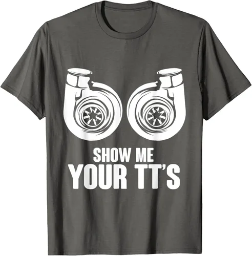 Vista 102 de Funny Show Me Your TT's Twin Turbo Car Racing Camiseta, Negro, S