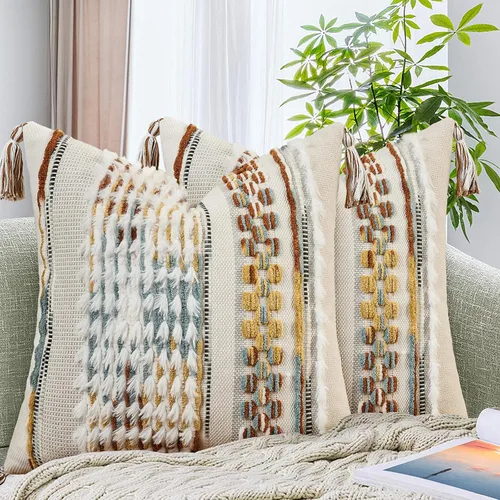 Vista 32 de AmHoo - Fundas de almohada de 18 x 18 pulgadas con borlas, fundas de almohada decorativas tejidas con textura de chenilla estilo boho para sofá