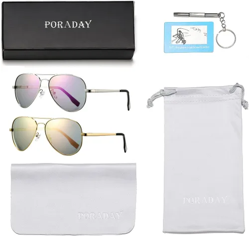 Vista 2 de PORADAY - Lentes de sol polarizados para hombres y mujeres con estilo aviador, armazón de metal, 100% protección UV400, 58 mm