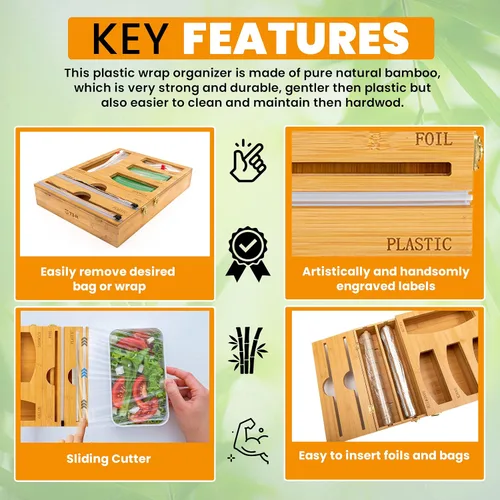 Vista 3 de T3-R Organizador de envoltura de bambú, dispensador 6 en 1 con cortador para bolsas de sándwich, papel de aluminio, papel encerado y envoltura