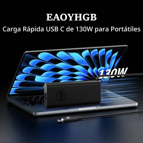 Vista 4 de Cargador portátil USB C de 130 W para Dell XPS 15 17 Cable de alimentación Negro