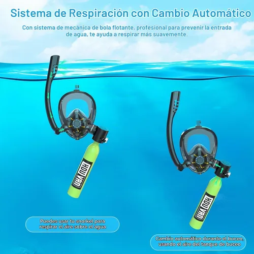 Vista 3 de Mini tanque de buceo con máscara de esnórquel 0.5L, tanque de buceo inflable con máscara de cara completa, botella de reserva Pony, tanque de aire