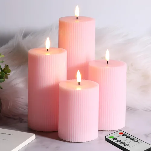 Vista 8 de Velas de pilar sin llama acanaladas blancas con control remoto, velas LED parpadeantes de cera que funcionan con pilas, juego de 2