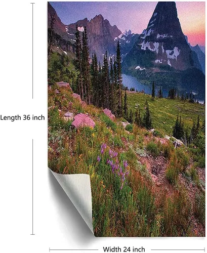 Vista 4 de Película escénica de verano para ventana, película de privacidad para ventana, prado floral silvestre en montañas alpinas, puesta de sol