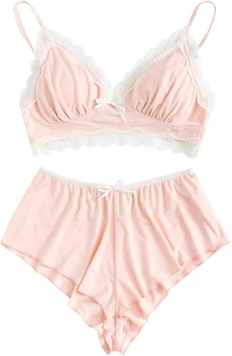 Vista 7 de SweatyRocks - Conjunto de ropa interior de lencería con borde de encaje, bralette con tirantes y calzón para mujer Rosa (Lace pink)