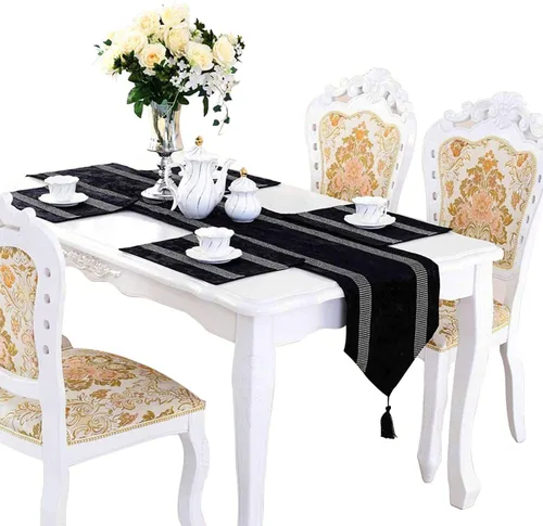 Vista 2 de Jiino Camino de mesa de 13x72 pulgadas, negro, con lentejuelas y strass, para decoración de mesa de comedor, 33x180cm