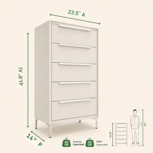 Vista 3 de Naima - Cómoda de tela premium - Marco de metal resistente, 5 cajones espaciosos a prueba de hundimiento con elegantes asas de metal - Solución