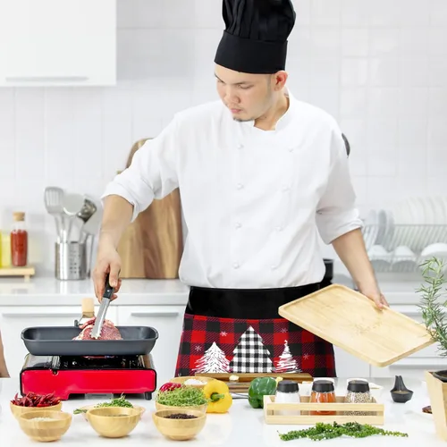 Vista 6 de Bencailor 4 Pcs Christmas Server Waitress Aprons with 4 Pockets Buffalo Plaid Half Waist Apron for Xmas Restaurant Party