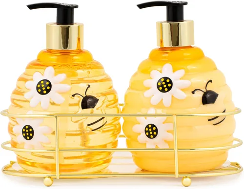 Vista 2 de SIMPLE PLEASURES Beehive - Juego de dispensador de jabón de manos de miel y limón – Paquete de 2 con organizador decorativo, bombas de jabón