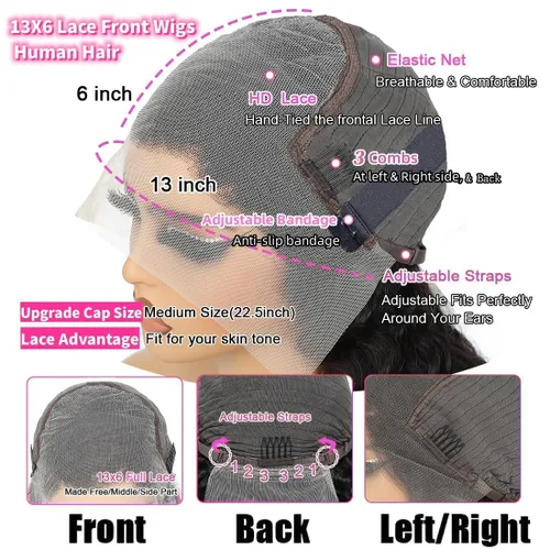 Vista 4 de Pelucas de cabello humano ondulado profundo con encaje frontal de 13 x 6 pulgadas, prearrancado, 22 pulgadas, pelucas de encaje frontal de cabello
