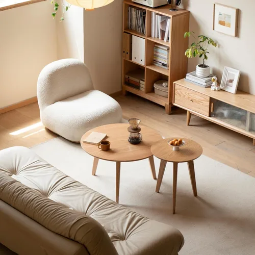 Vista 13 de Juego de mesa de café 100% de madera de roble macizo, mesa de café redonda combinada mesa auxiliar con patas de madera maciza, mesa de mediados